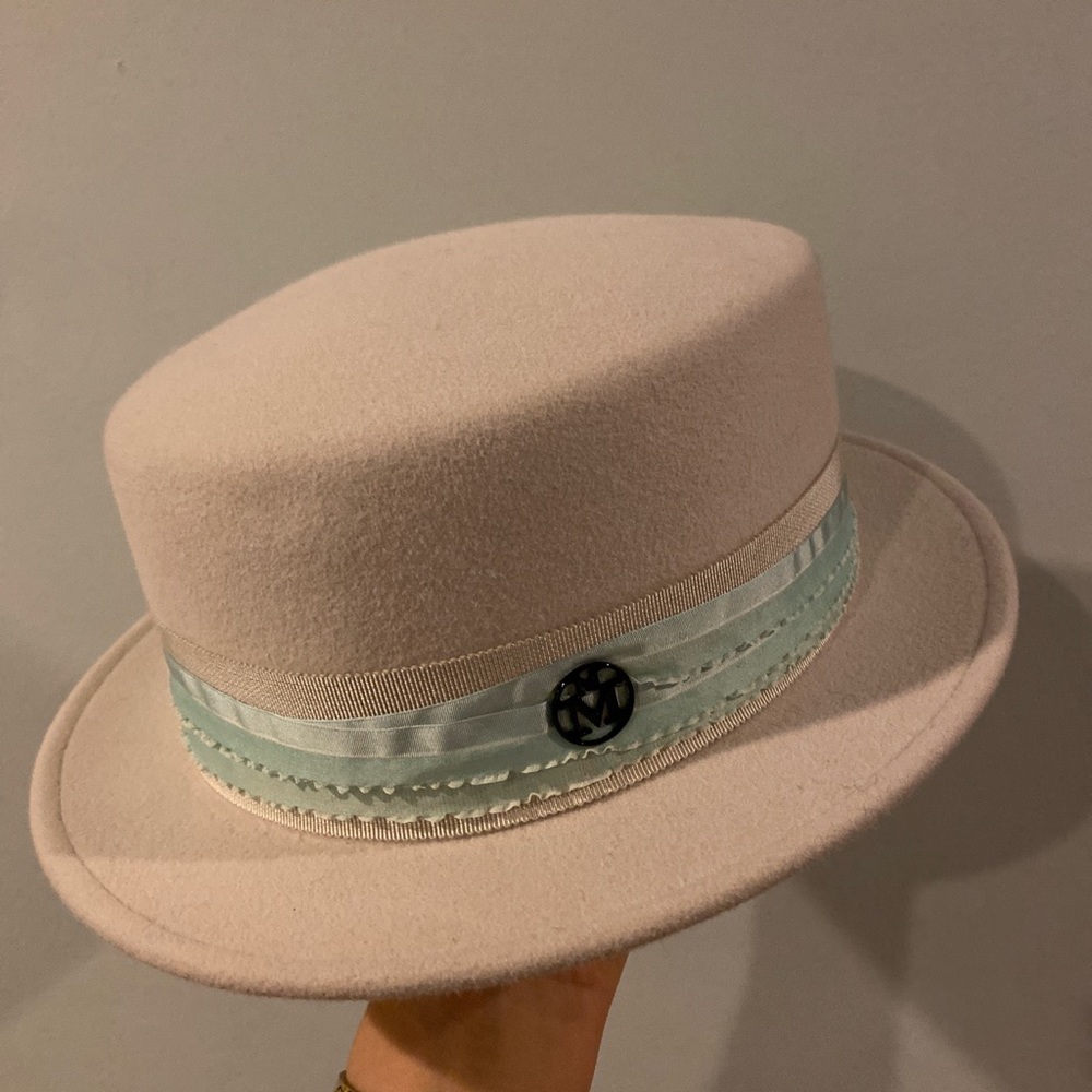 Maison Michel cream hat with Tiffany blue ribbon